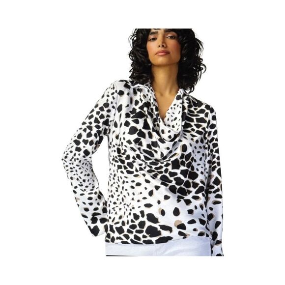 JOSEPH RIBKOFF ANIMAL PRINT SATIN TOP WITH COWL NECKLINE BLACK, TAN AND WHITE. - Picture 1 of 11